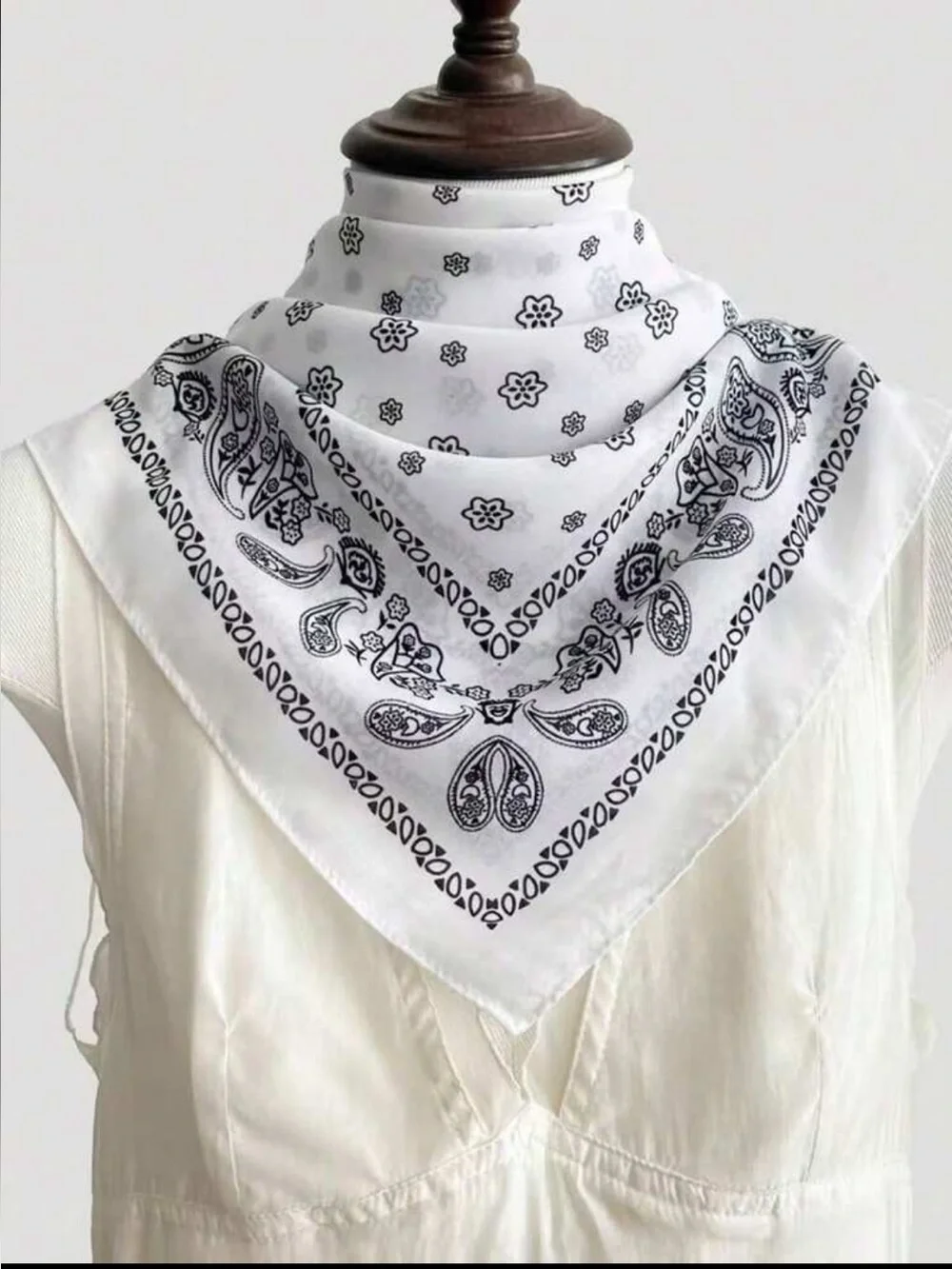 White Bandana Scarf with Black Paisley Print 27.5”